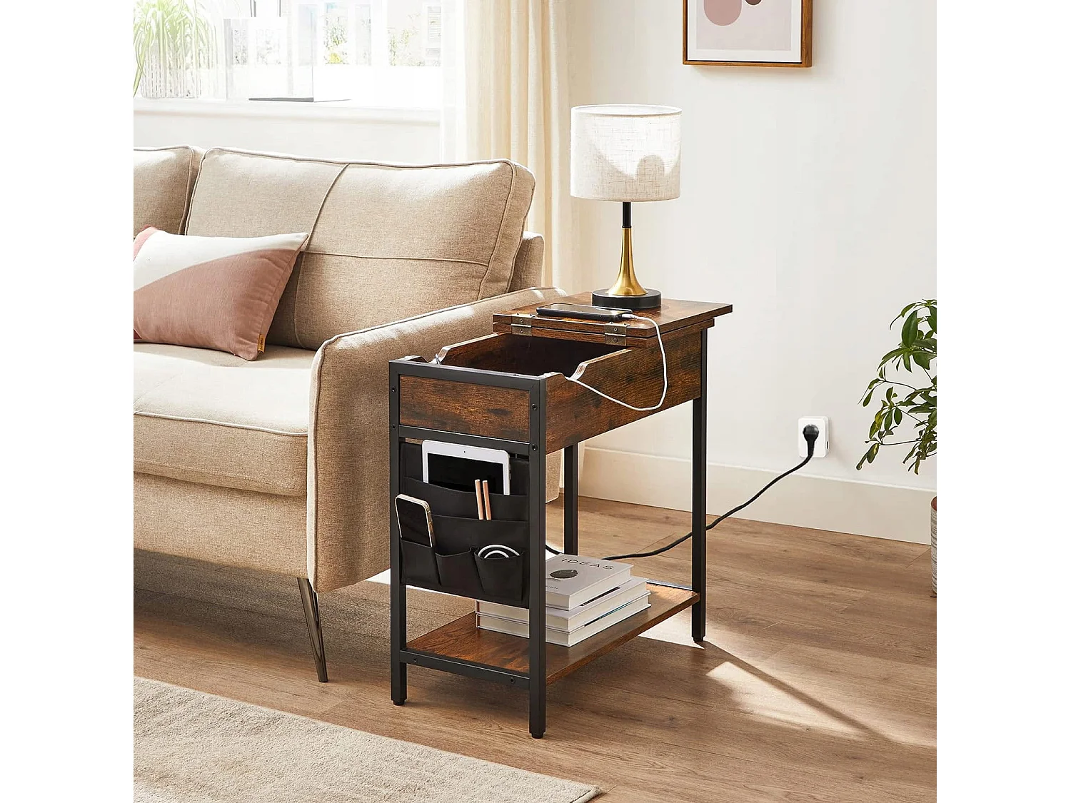 Table basse d’appoint avec étagère en panneau de particules et acier brun rustique 60x31,5x60 cm