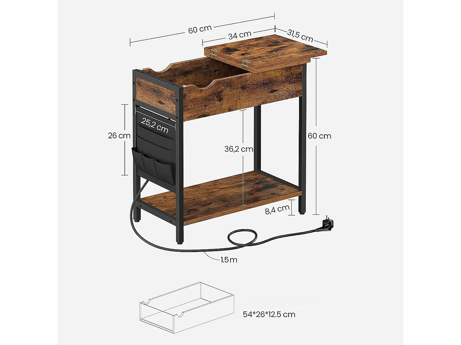 Table basse d’appoint avec étagère en panneau de particules et acier brun rustique 60x31,5x60 cm