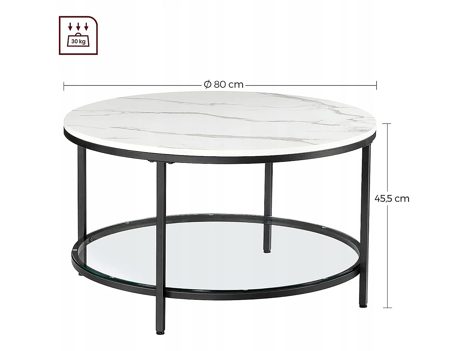 Table basse ronde moderne en panneaux de particules, acier, verre trempé blanc marbre, noir 80x45,5 cm