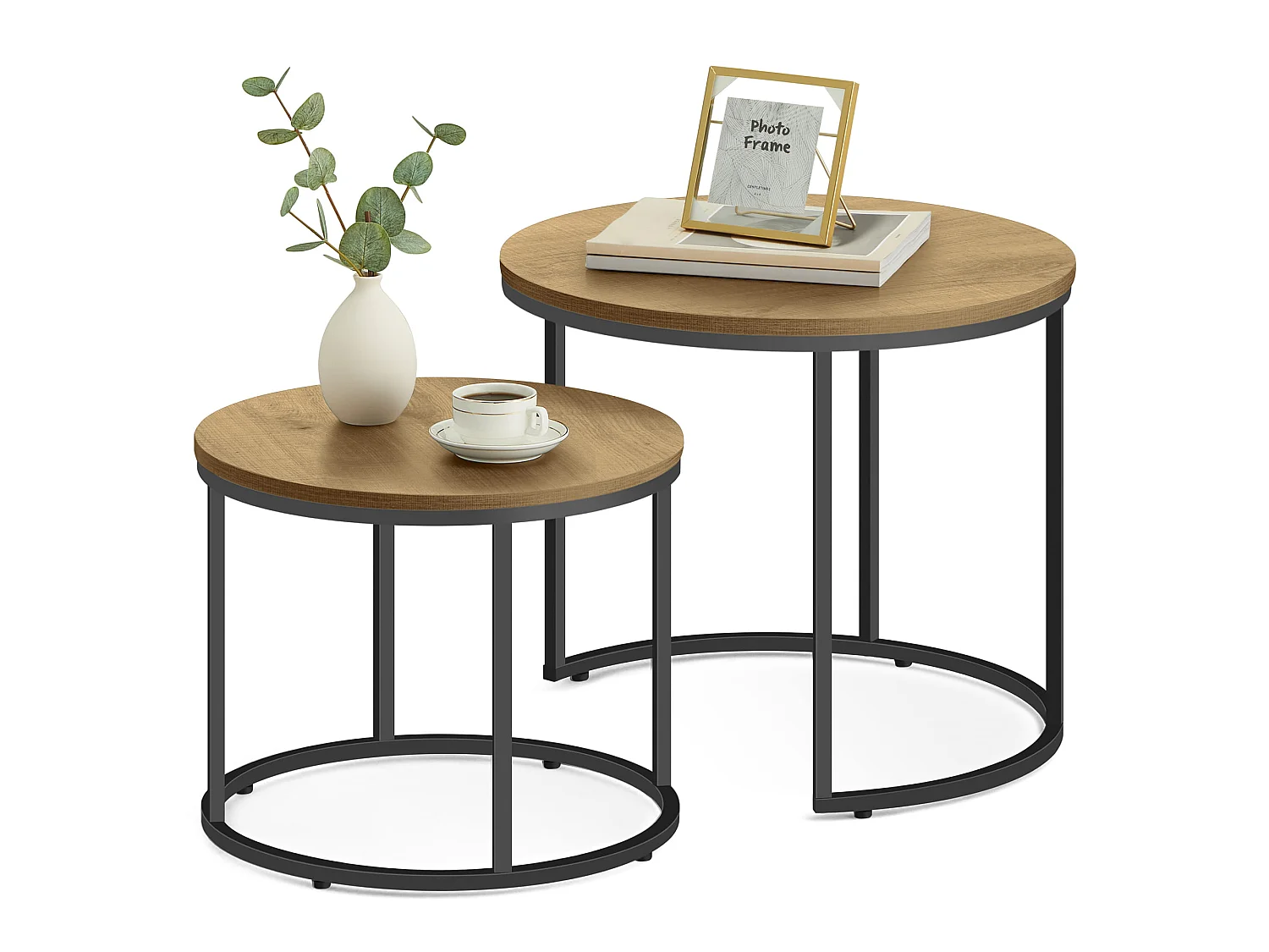 Ronde salontafel 2 stuks, eiken, zwart, 53x45 cm, 43x35 cm