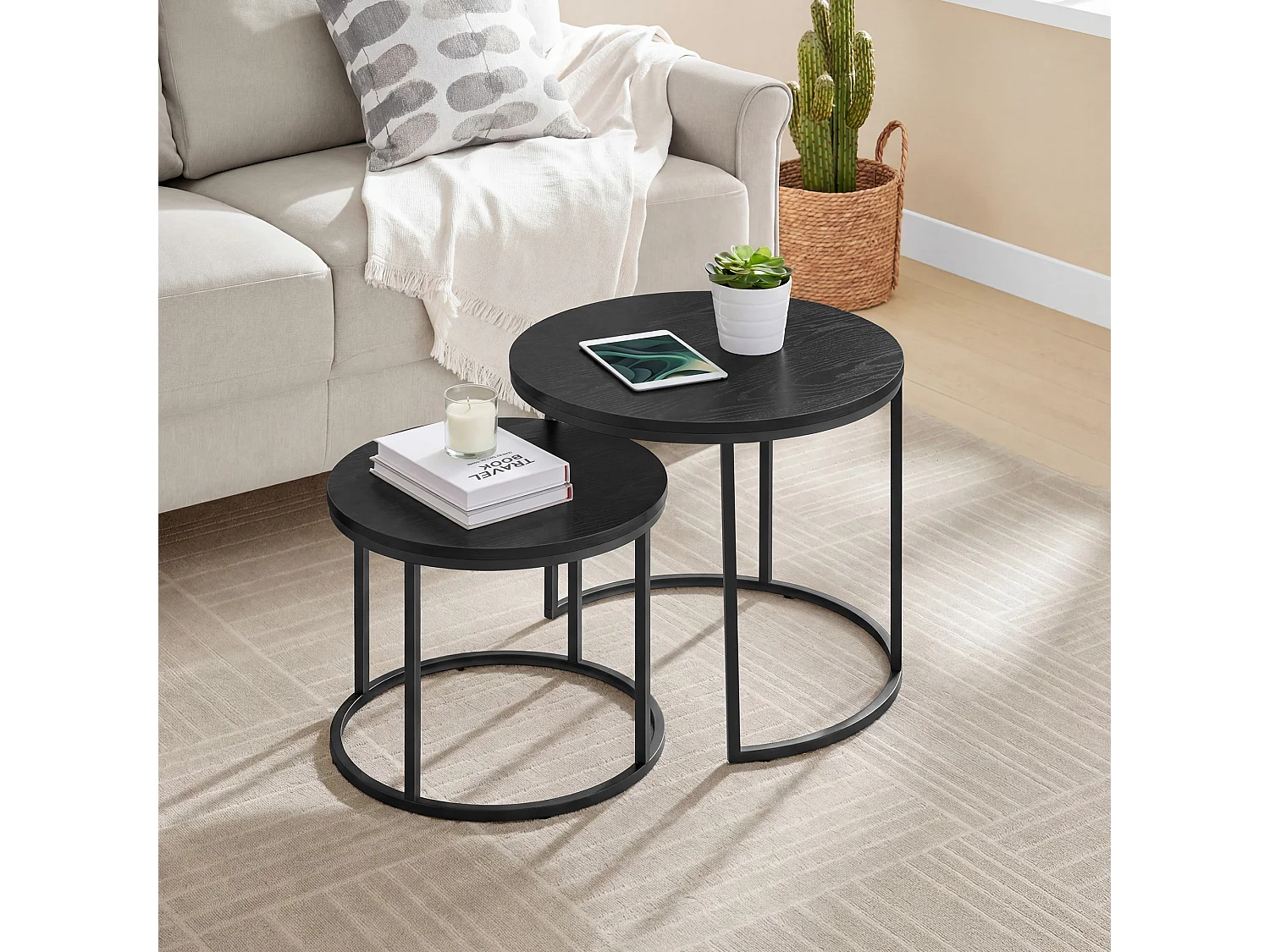 Ronde salontafel 2 stuks modern spaanplaat metaal zwart 53x45 cm, 43x35 cm
