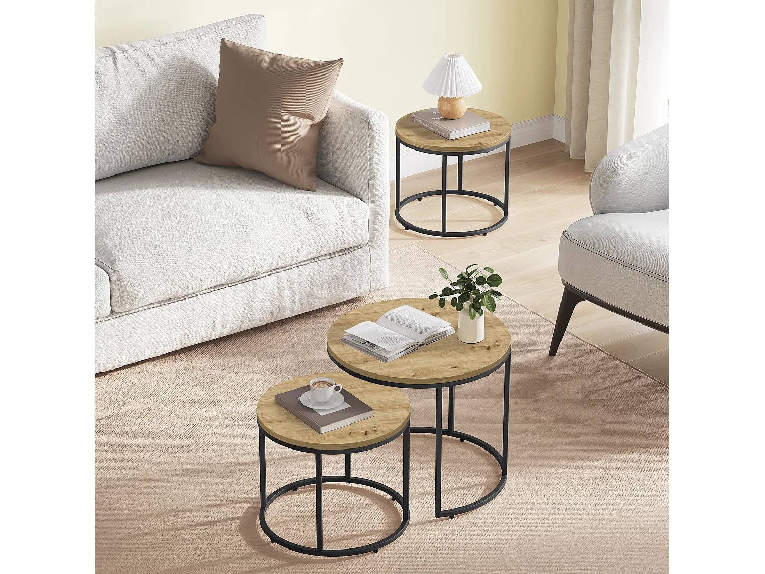Ronde salontafel set van 2 industrieel spaanplaat staal artisan zwart 53x45 cm 43x35 cm