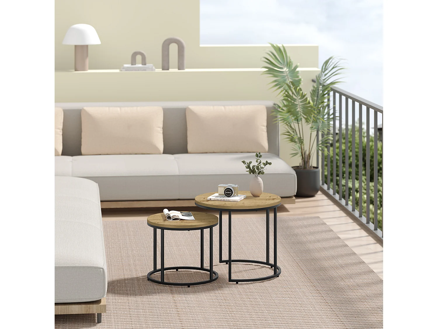 Ronde salontafel set van 2 industrieel spaanplaat staal artisan zwart 53x45 cm 43x35 cm