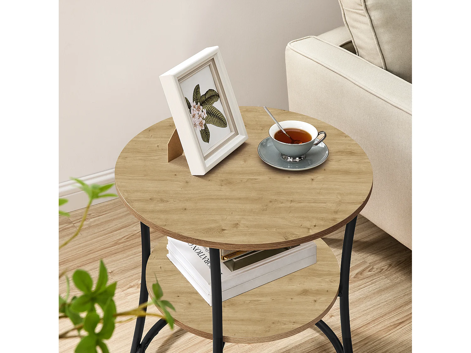 Table basse ronde artisan en panneau de particules et métal noir 54x54x55,5 cm