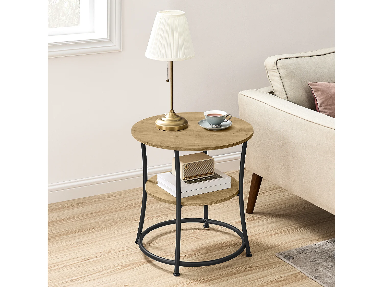 Table basse ronde artisan en panneau de particules et métal noir 54x54x55,5 cm