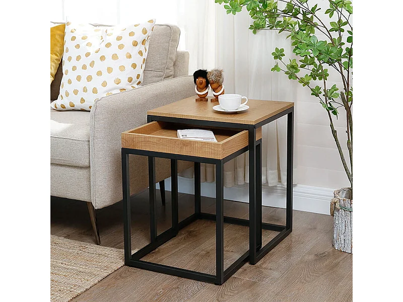 Table basse 2 pièces industrielle métal brun miel et noir 45x40x55 cm, 40x38x51 cm
