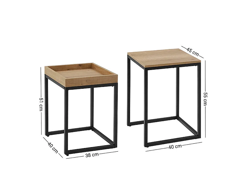 Table basse 2 pièces industrielle métal brun miel et noir 45x40x55 cm, 40x38x51 cm