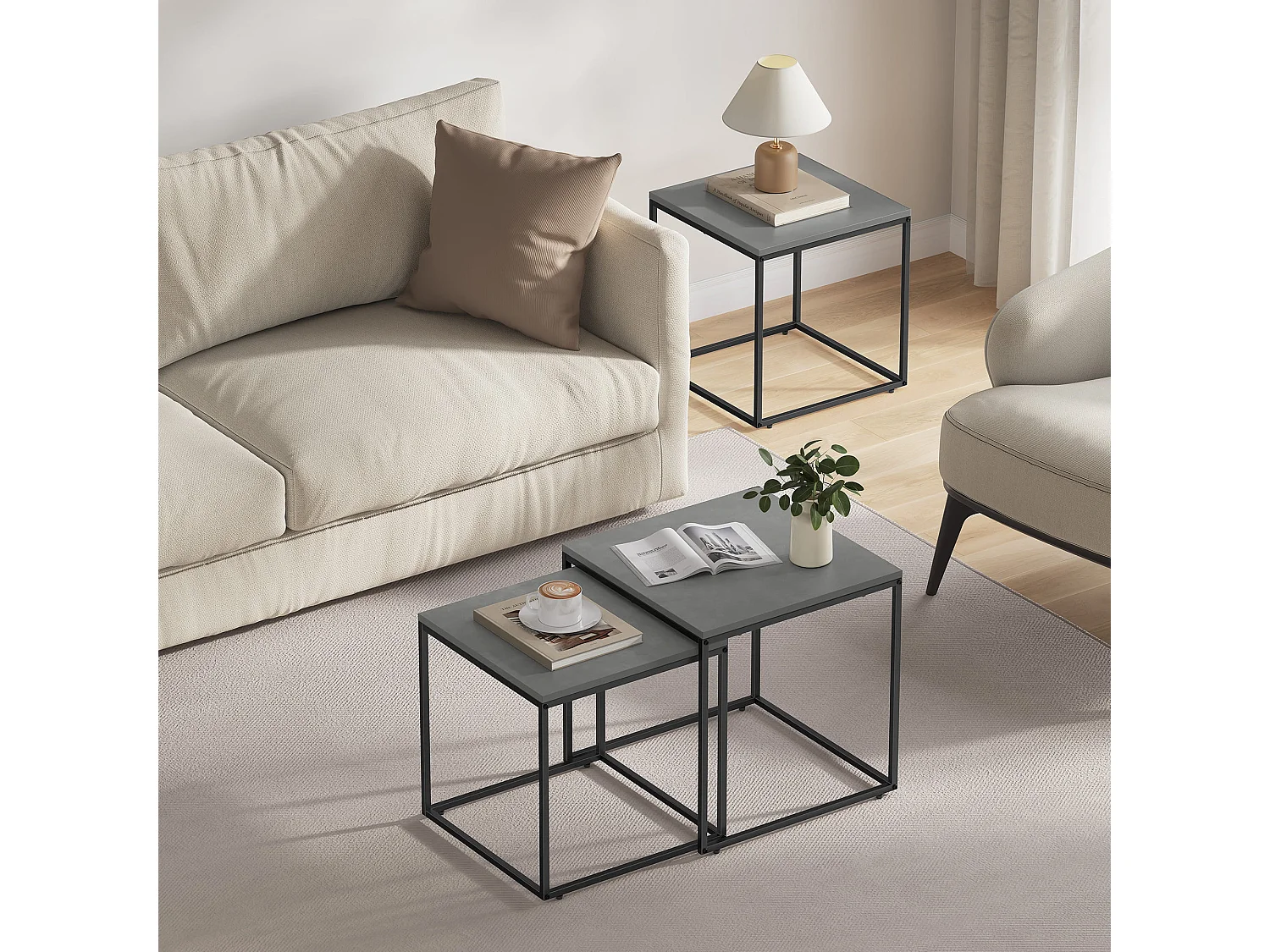 Vierkante salontafel set van 2, industrieel, betonlook, zwart, 50x50x50,5 cm / 45x45x45,5 cm