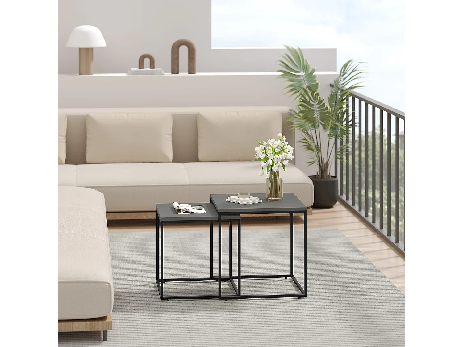 Vierkante salontafel set van 2, industrieel, betonlook, zwart, 50x50x50,5 cm / 45x45x45,5 cm