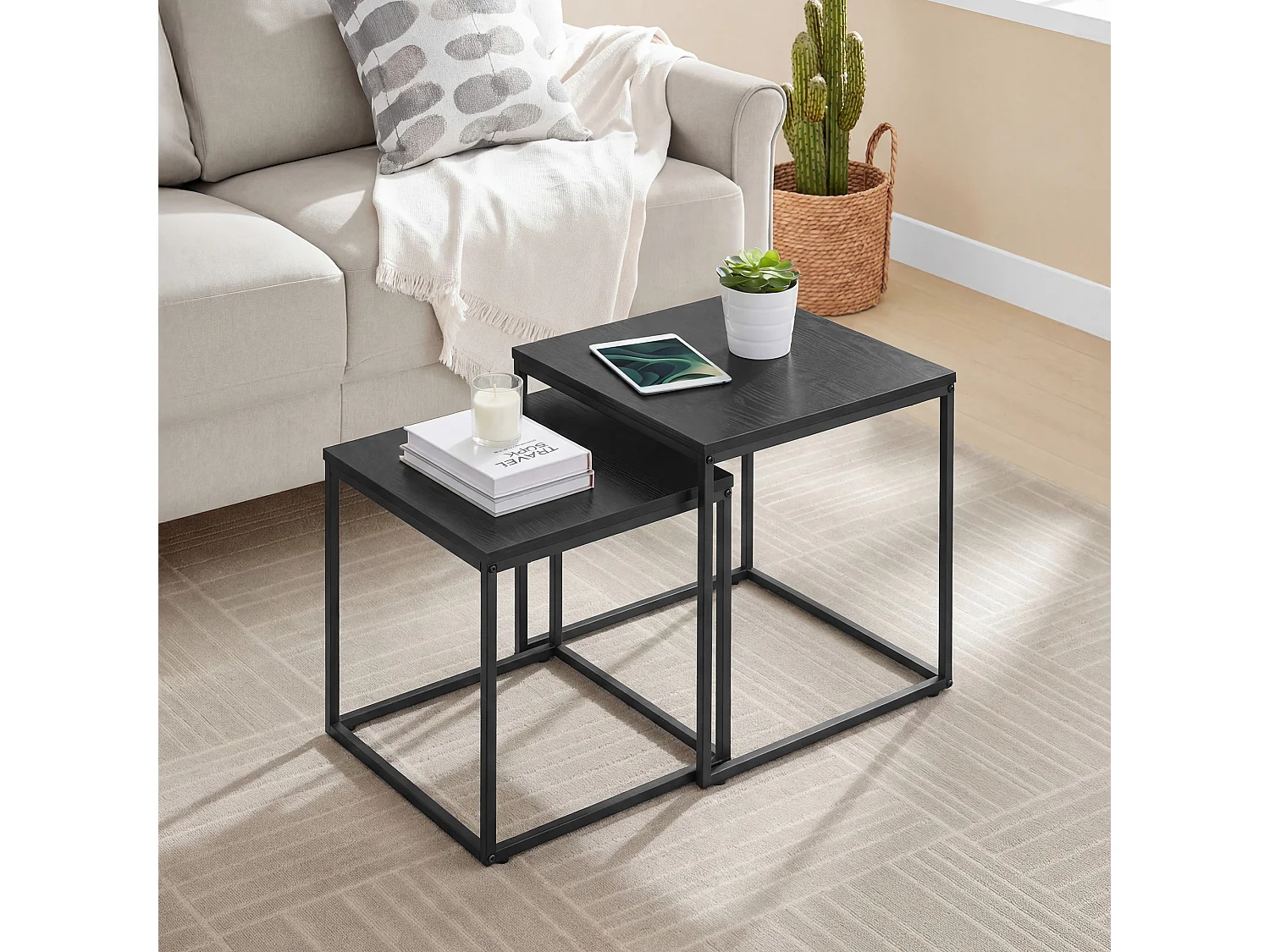 2-delige vierkante salontafel modern spaanplaat metaal zwart 50x50x50,5 cm 45x45x45,5 cm