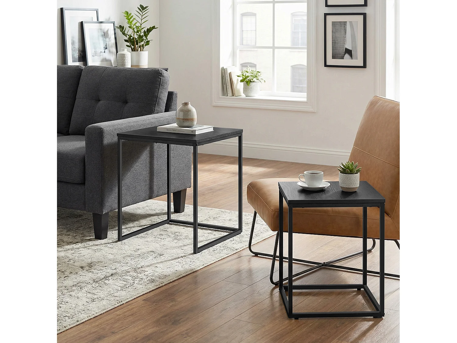 2-delige vierkante salontafel modern spaanplaat metaal zwart 50x50x50,5 cm 45x45x45,5 cm