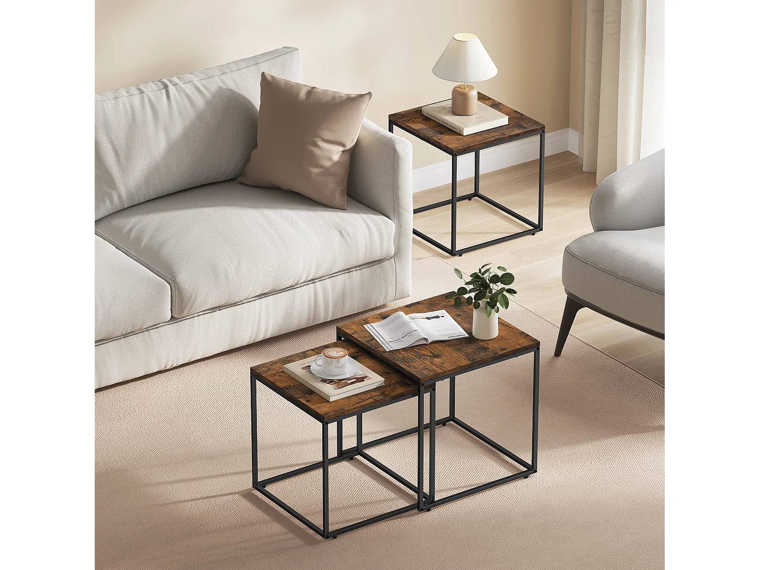Vierkante salontafel 2 stuks industrieel spaanplaat staal rustiek zwart 50x50x50,5 cm 45x45x45,5 cm