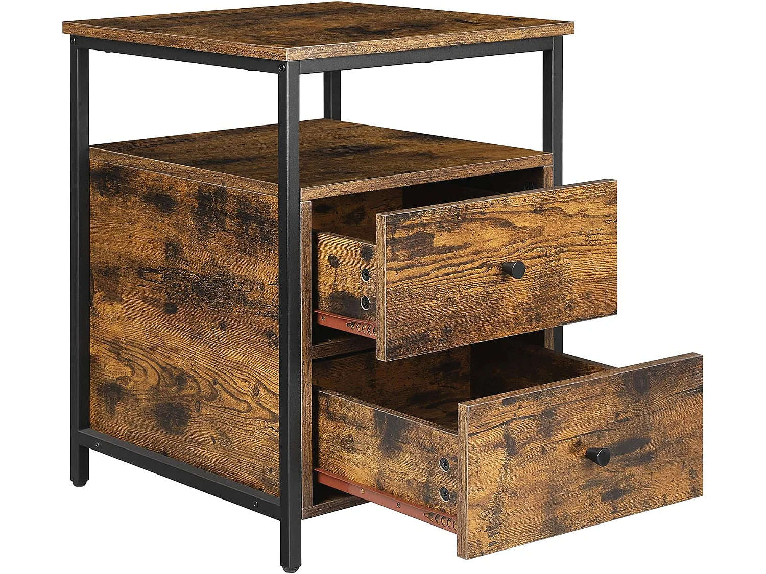 Table basse avec rangement en panneau de particules et acier brun rustique noir 45x45x60 cm