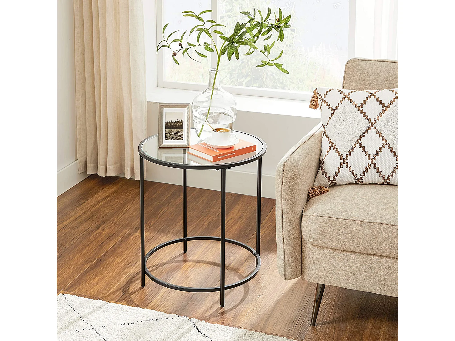 Ronde salontafel LGT020B01 van gehard glas en staal zwart 50x55 cm