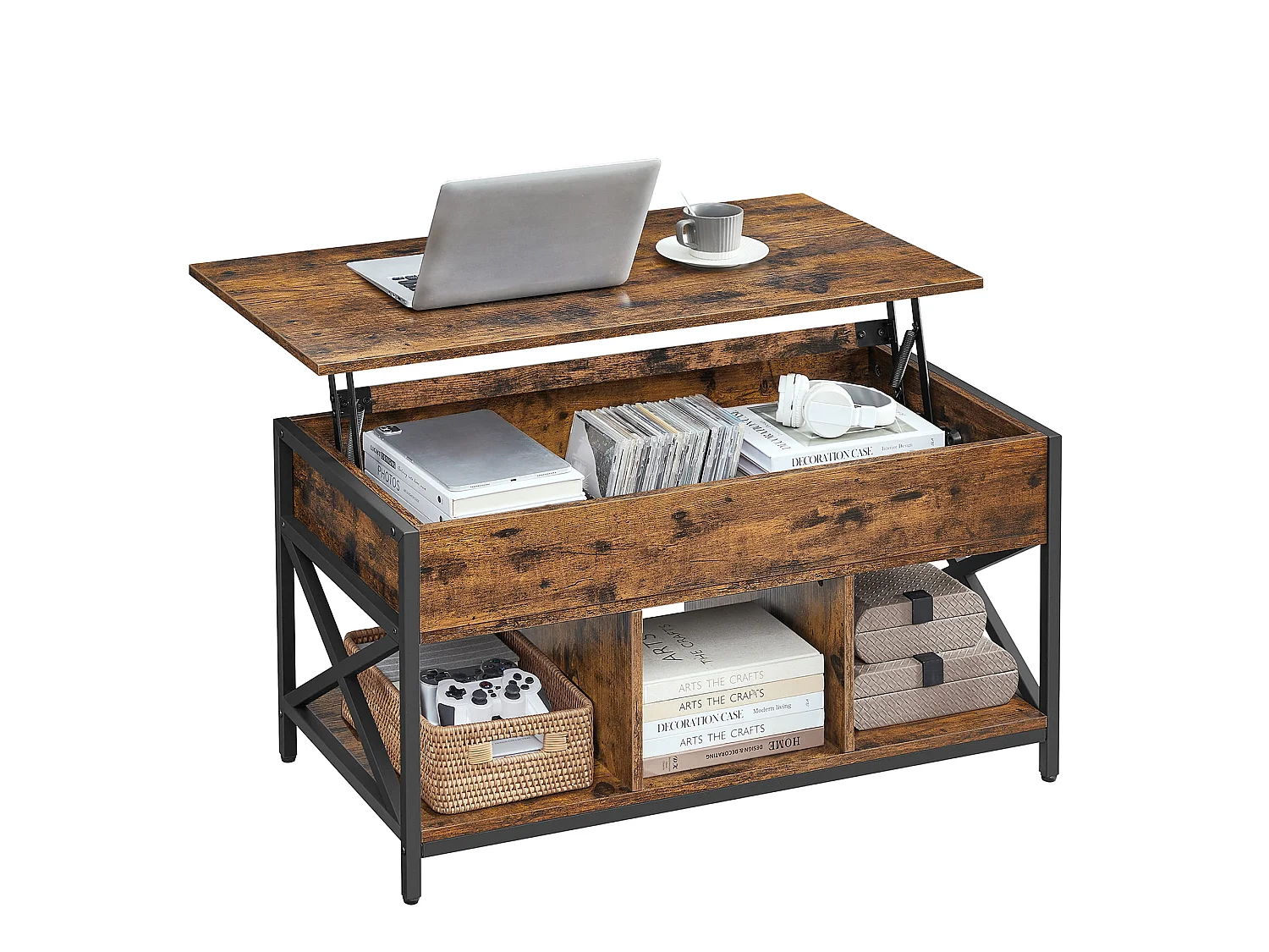 Salontafel met opklapbaar blad, spaanplaat en staal, rustiek bruin/zwart, 100x50x49-62 cm