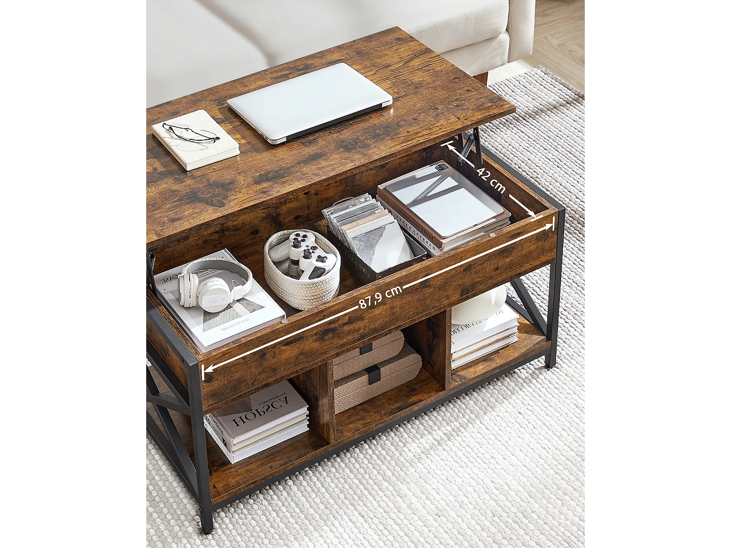 Salontafel met opklapbaar blad, spaanplaat en staal, rustiek bruin/zwart, 100x50x49-62 cm