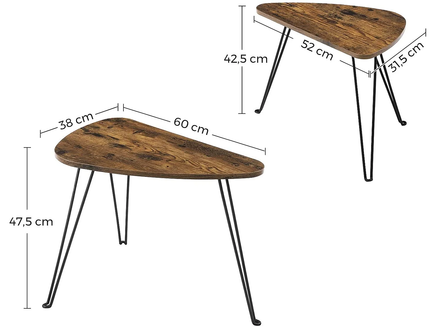 Salontafelset LNT012B01 rustiek bruin zwart 60x38x47,5 cm 52x31,5x42,5 cm