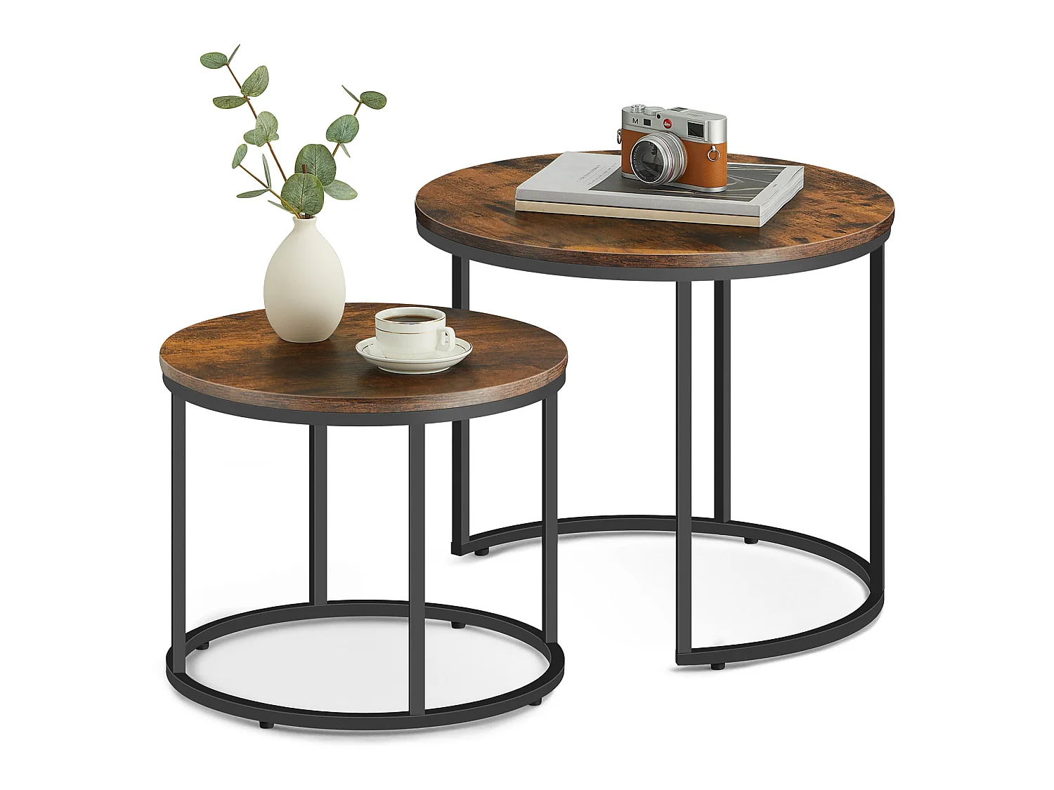 Ronde salontafel 2 stuks rustiek spaanplaat staal zwart 53x45 cm 43x35 cm