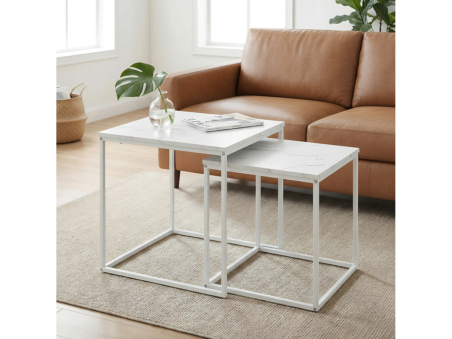 Tables basses carrées modernes en marbre blanc, pieds blancs, 2 pièces, 50x50x50,5 cm / 45x45x45,5 cm