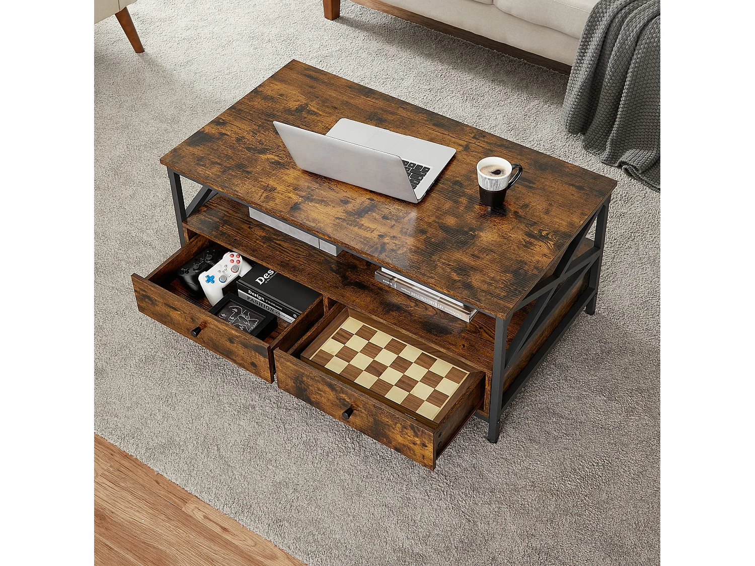 Rustieke salontafel met lades hout staal bruin zwart 100x55x45 cm