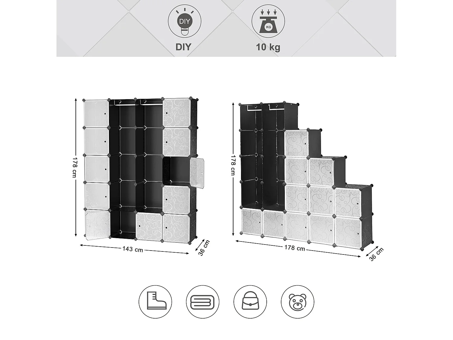 Modulaire kast met patroon van kunststof zwart 178x143x36 cm