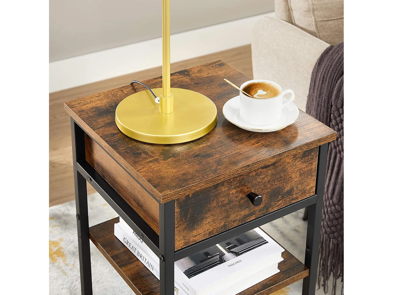 Table de chevet industrielle en métal noir 35x35x70 cm
