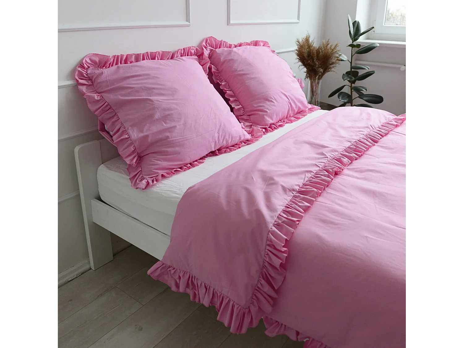 Housse de coussin à volant décoratif en coton rose 70x80 cm