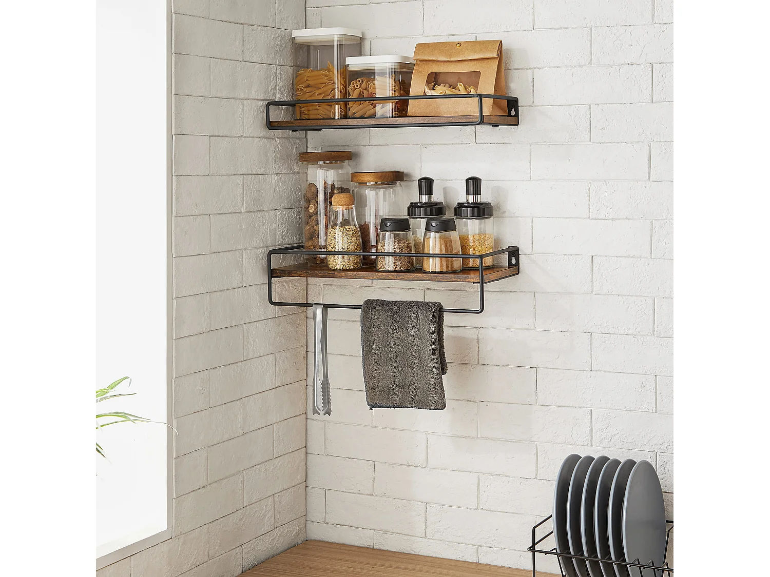 Lot de 2 étagères murales de rangement style loft métal noir 40x15,5x5 cm