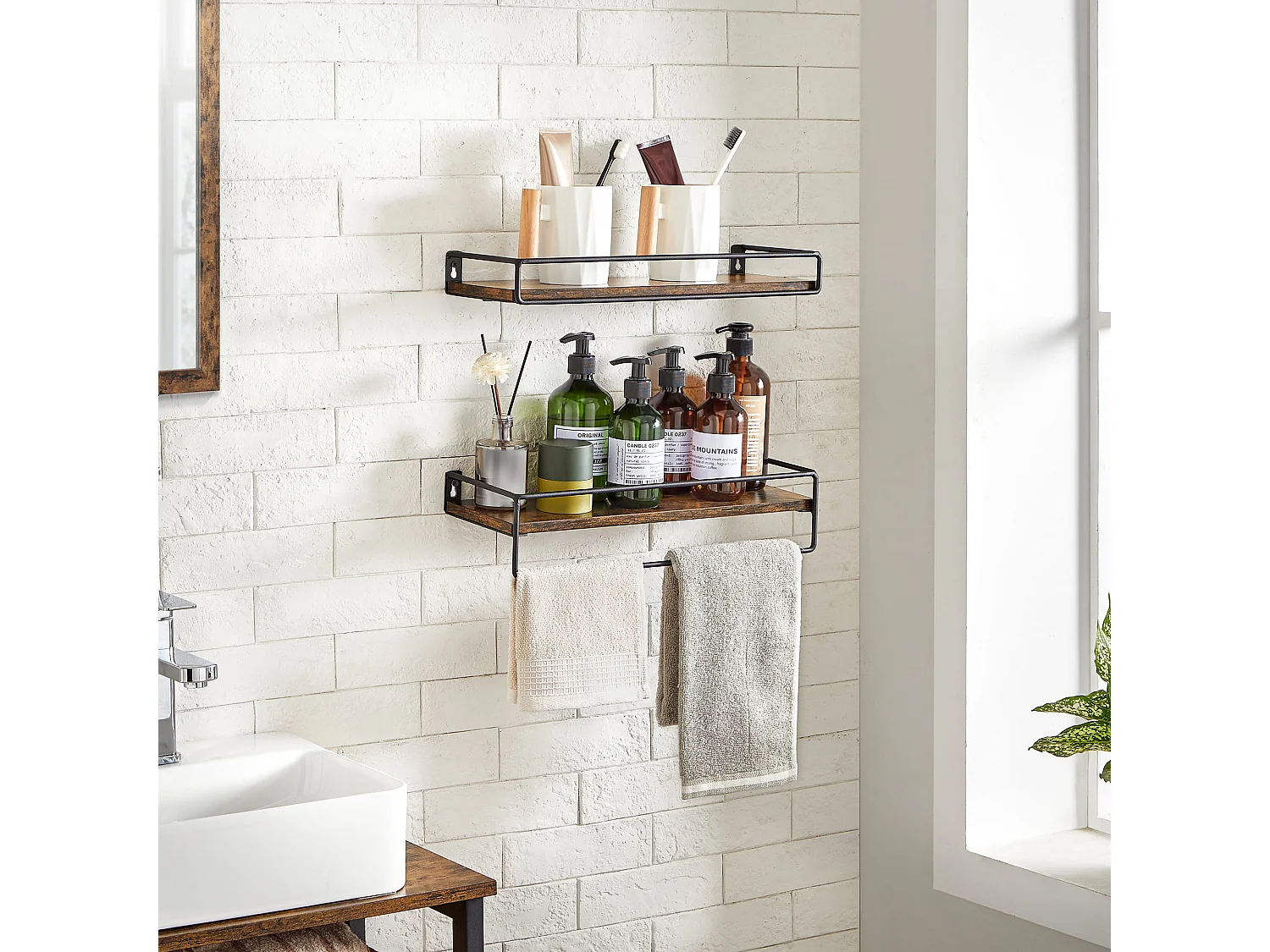 Lot de 2 étagères murales de rangement style loft métal noir 40x15,5x5 cm