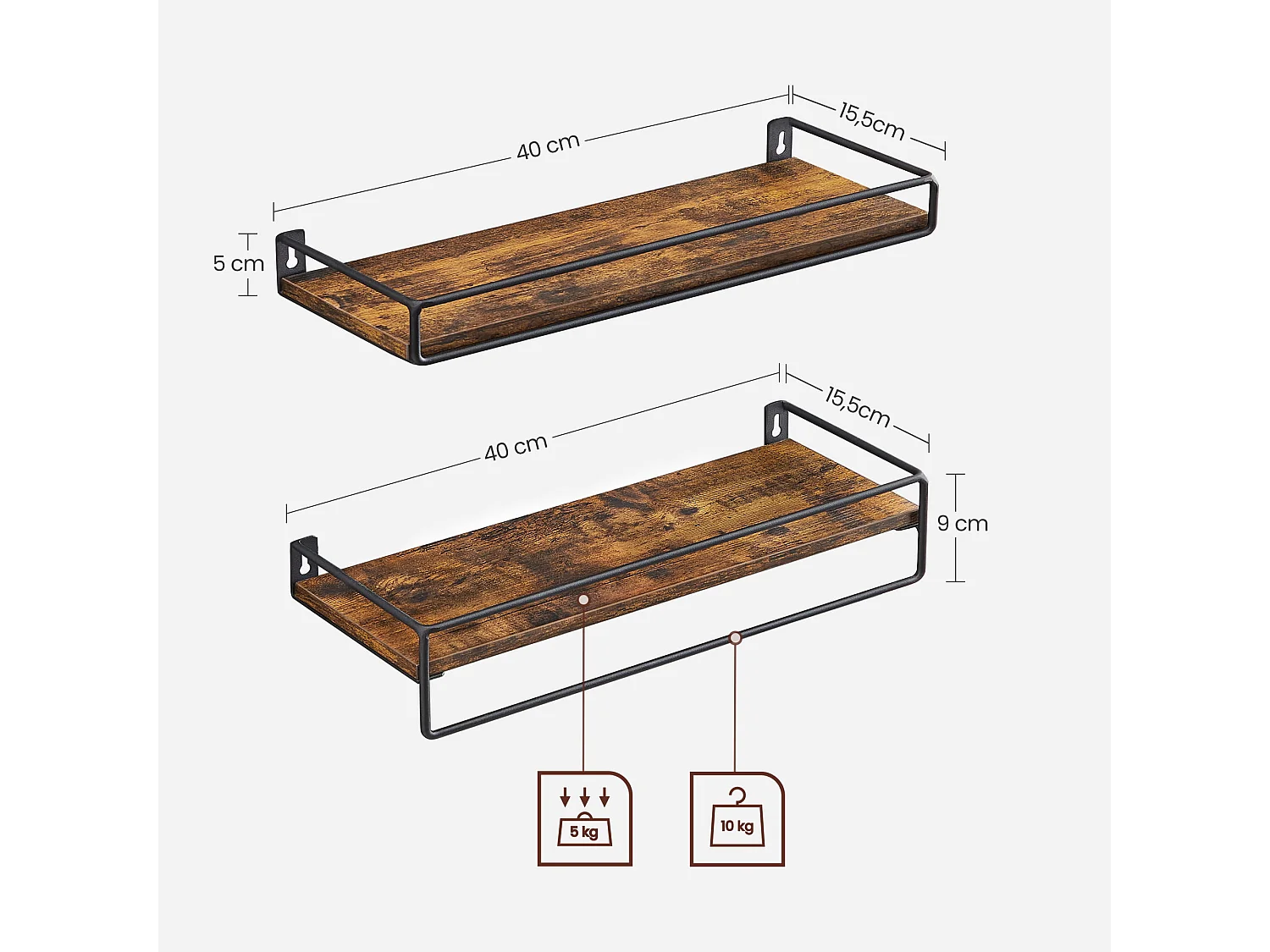 Lot de 2 étagères murales de rangement style loft métal noir 40x15,5x5 cm