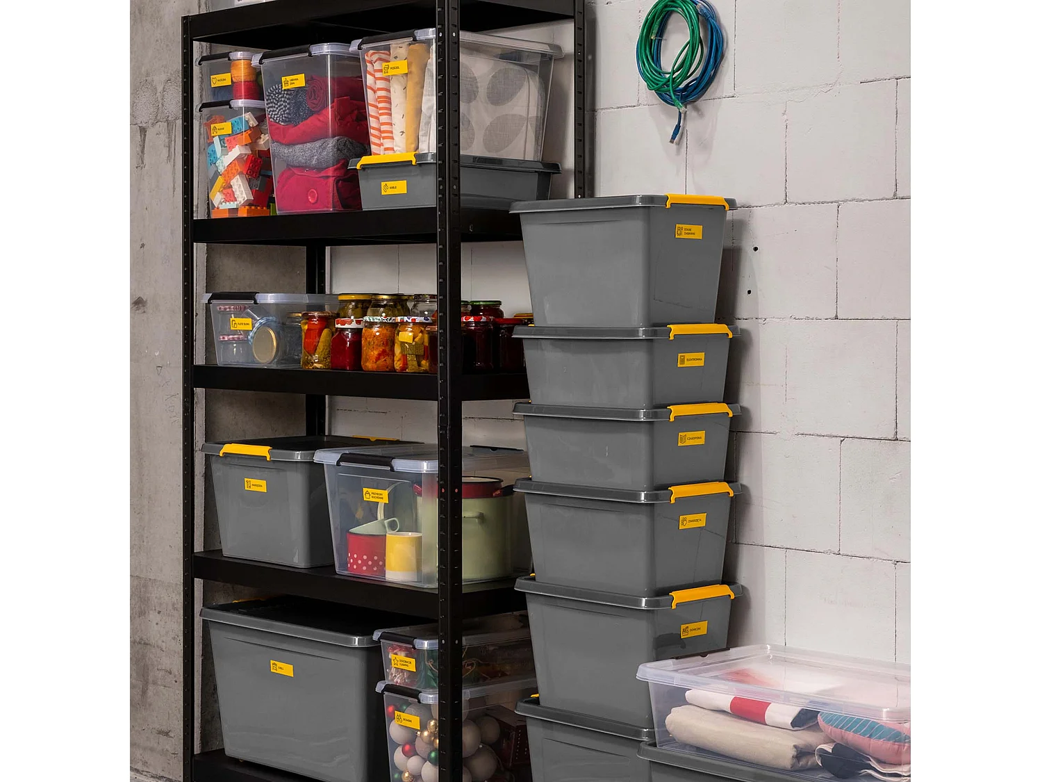 Boîte de rangement en plastique avec couvercle, polypropylène, gris-jaune, 39x29x21,5 cm
