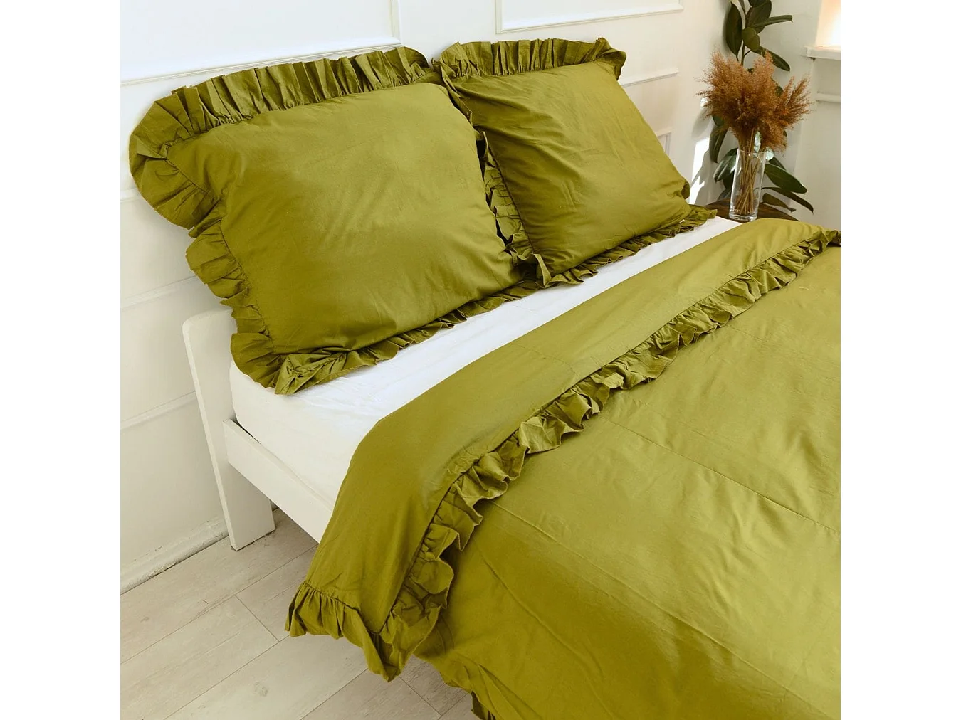 Taie d’oreiller à volant décoratif coton olive 70x80 cm