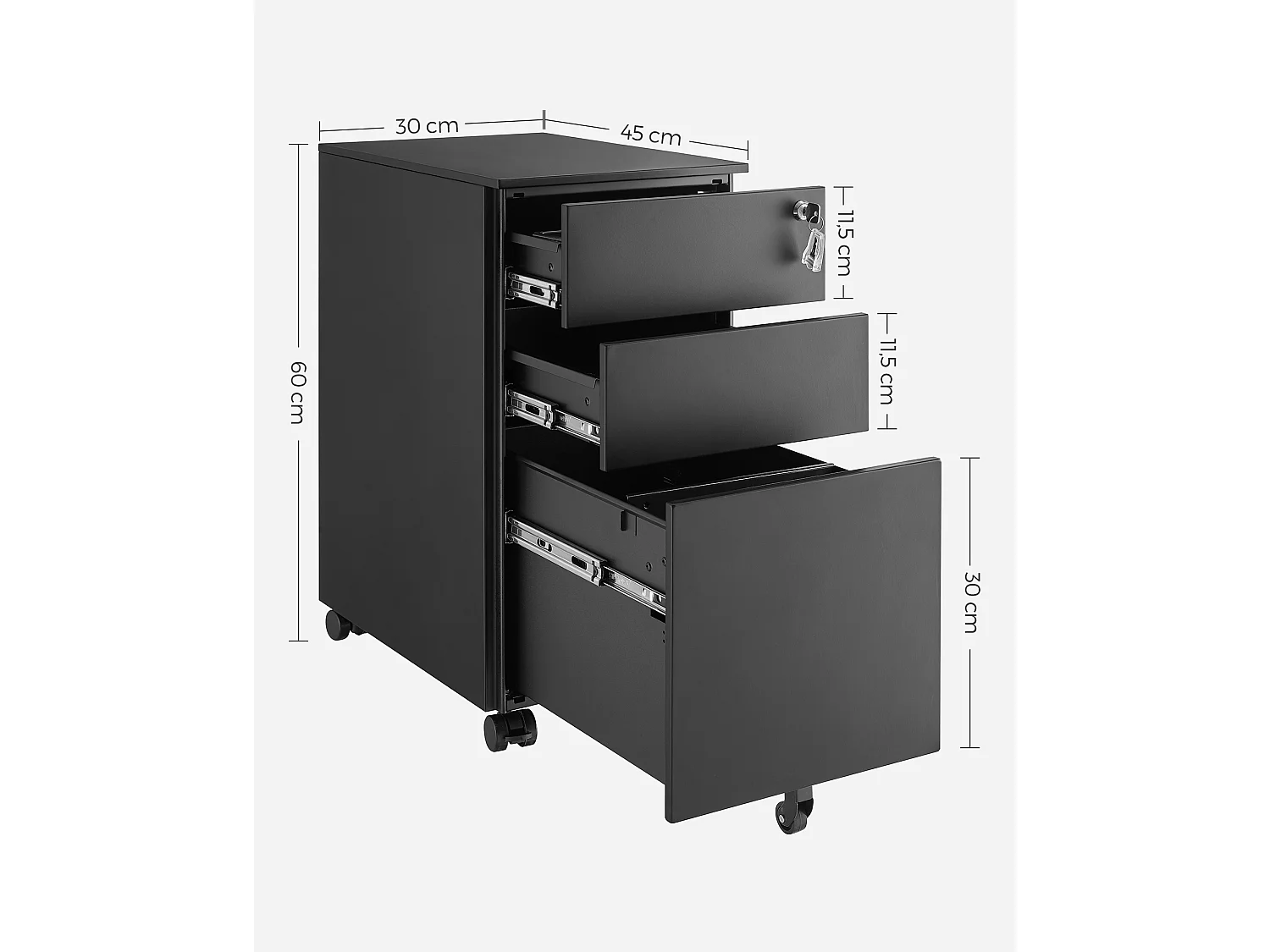 Caisson à documents de bureau en métal noir 30x45x60 cm