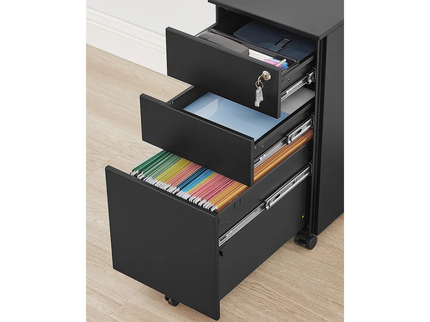 Caisson à documents de bureau en métal noir 30x45x60 cm