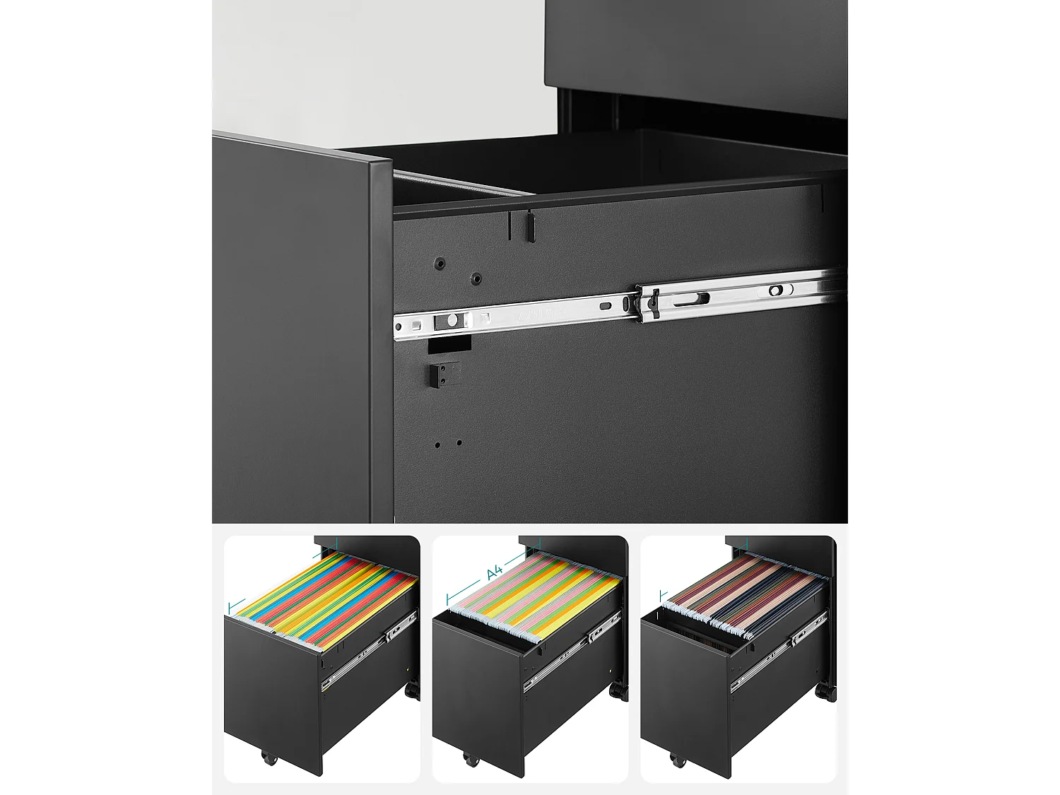 Caisson à documents de bureau en métal noir 30x45x60 cm