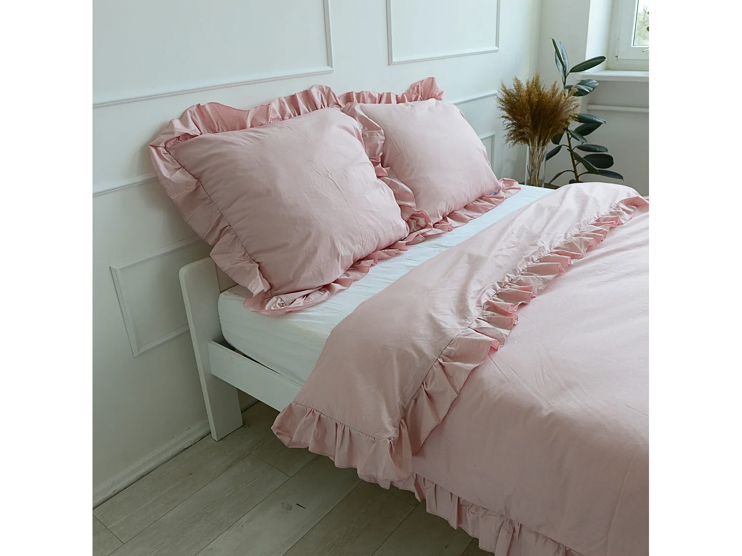 Taie d’oreiller à volant décoratif coton rose poudré 70x80 cm