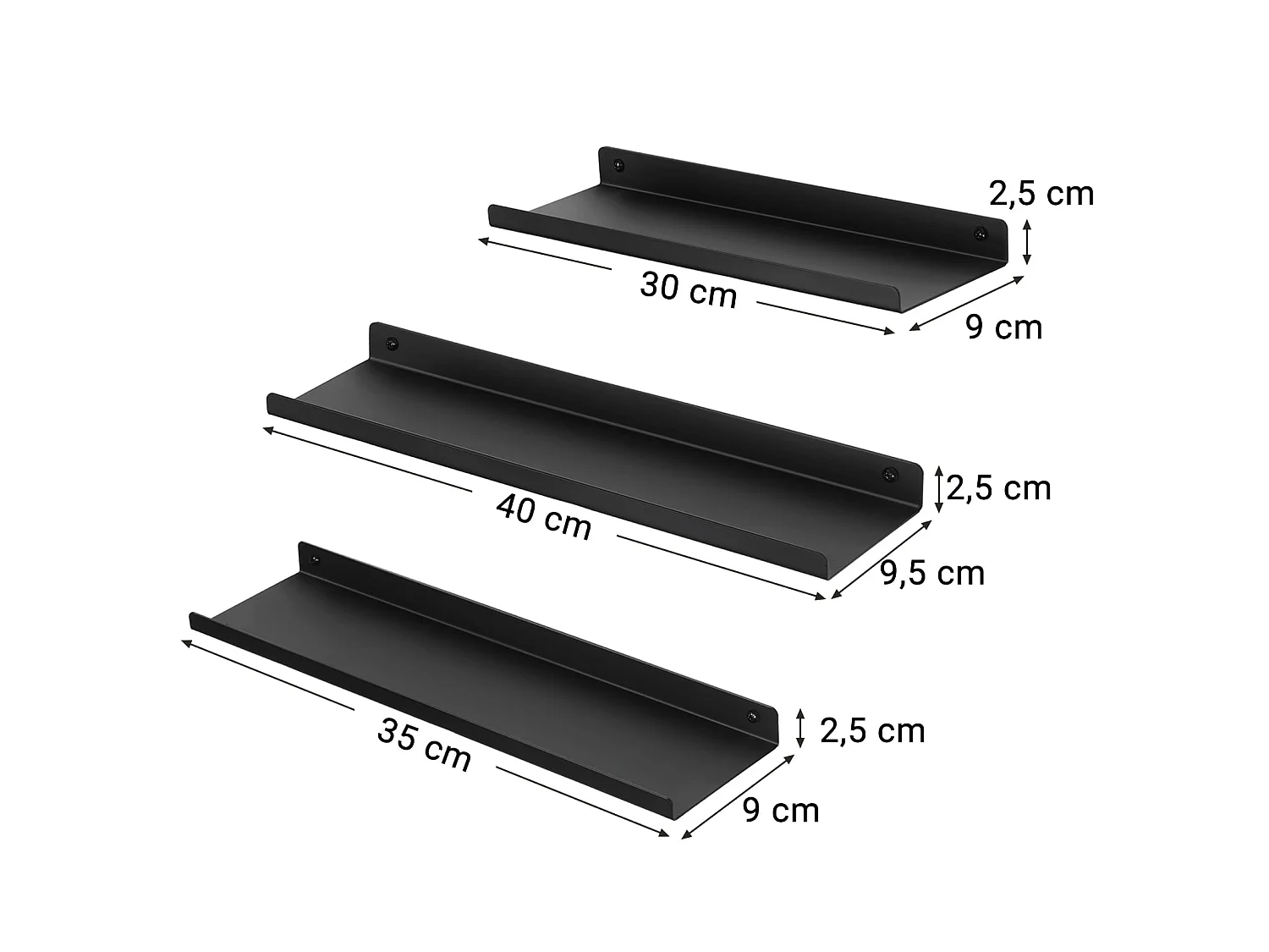 Lot de 3 étagères murales en métal noir 30x9x2,5 cm