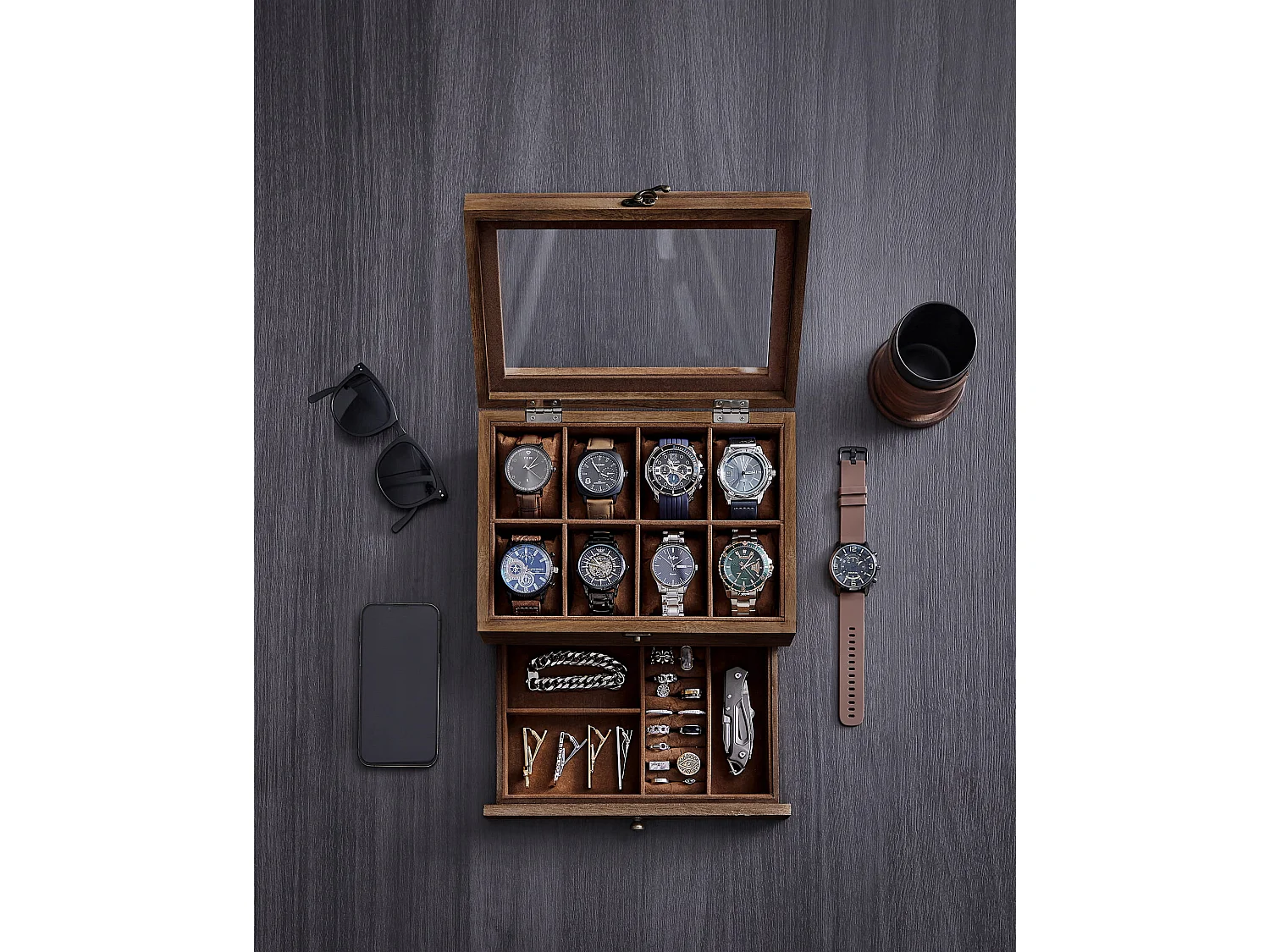 Boîte à bijoux en bois avec couvercle transparent bois rose 27x19x12,5 cm