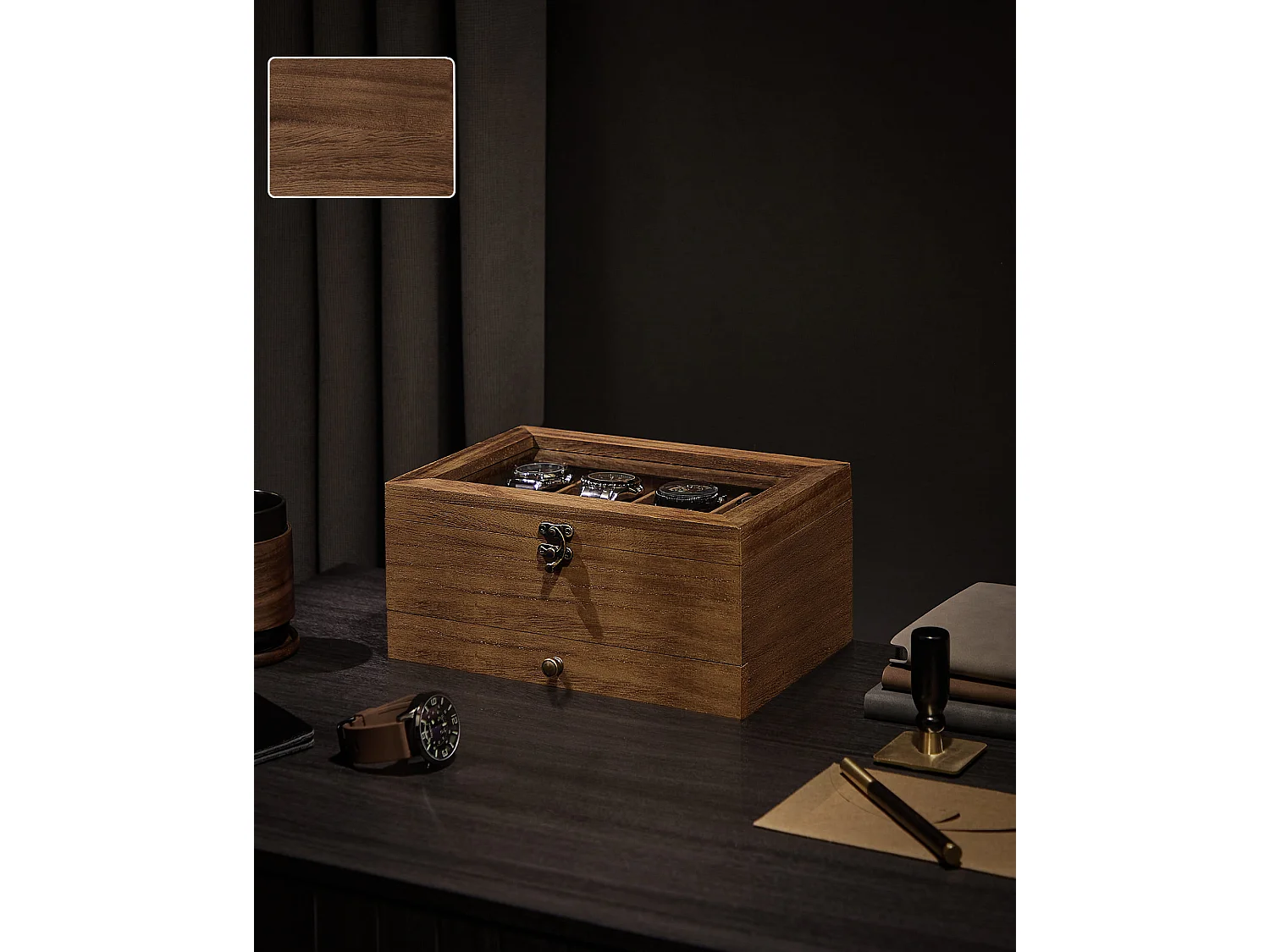Boîte à bijoux en bois avec couvercle transparent bois rose 27x19x12,5 cm