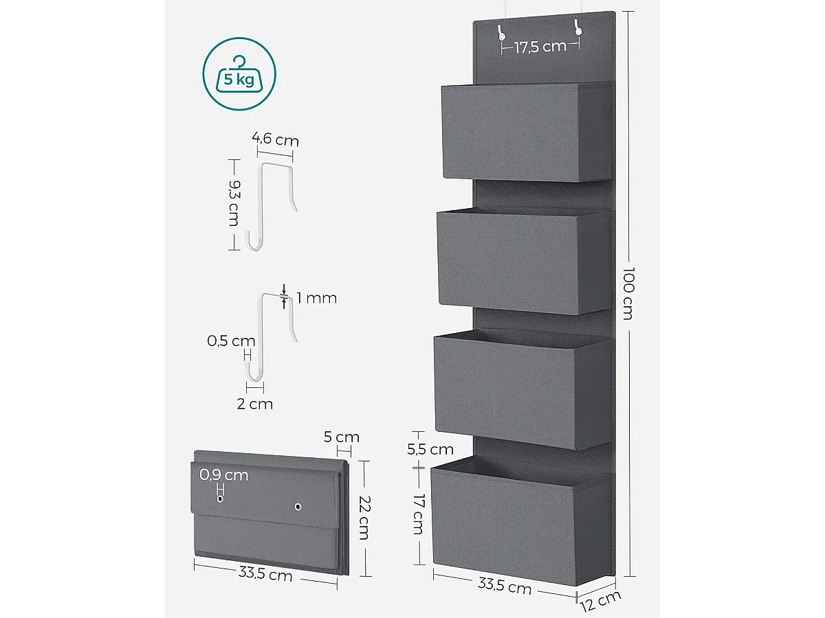 Organisateur suspendu de rangement en non-tissé gris 33,5x12x100 cm