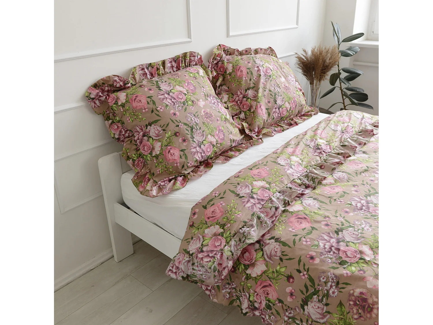 Taie d’oreiller à volant décoratif en coton rose fleurs 70x80 cm