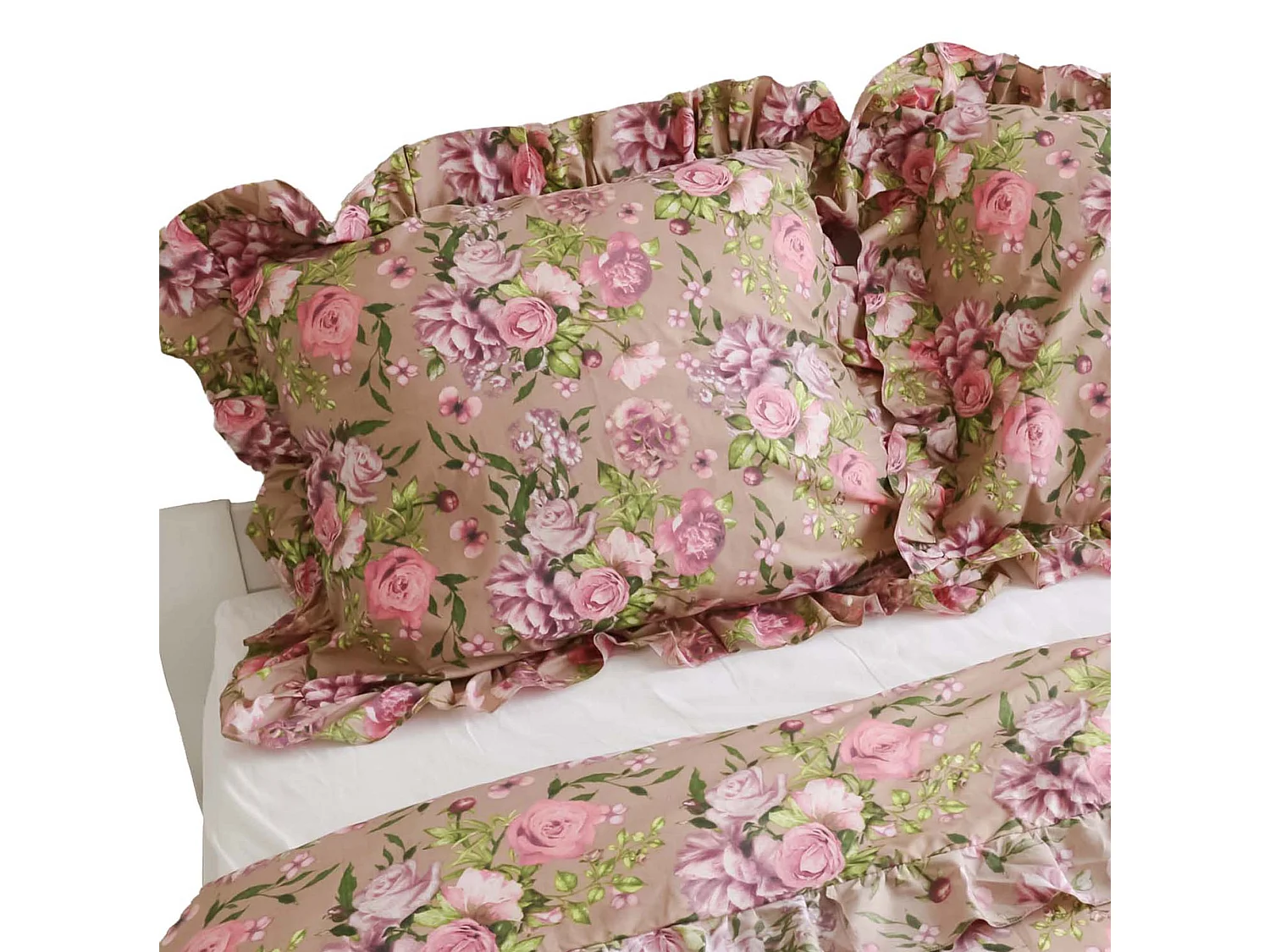 Taie d’oreiller à volant décoratif en coton rose fleurs 70x80 cm