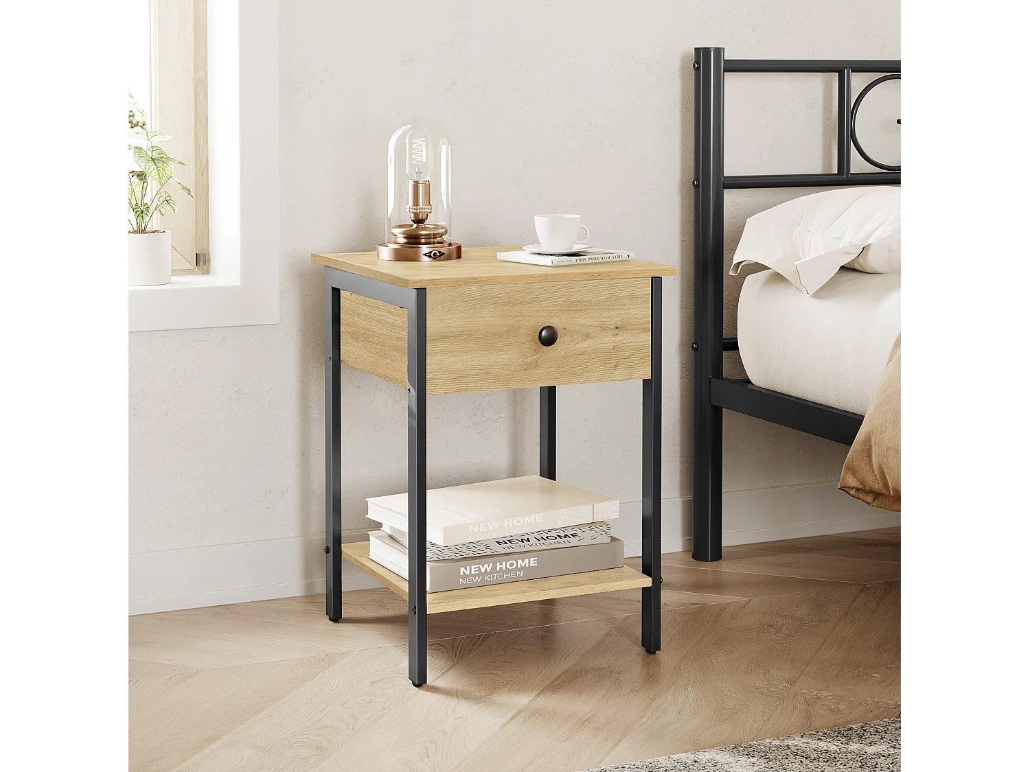 Table de chevet artisan en métal noir 40x40x55 cm