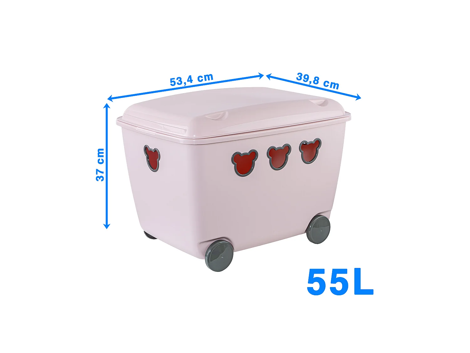 Boîte de rangement pour jouets à roulettes en plastique ours rose 55 L 53,4x39,8x37 cm