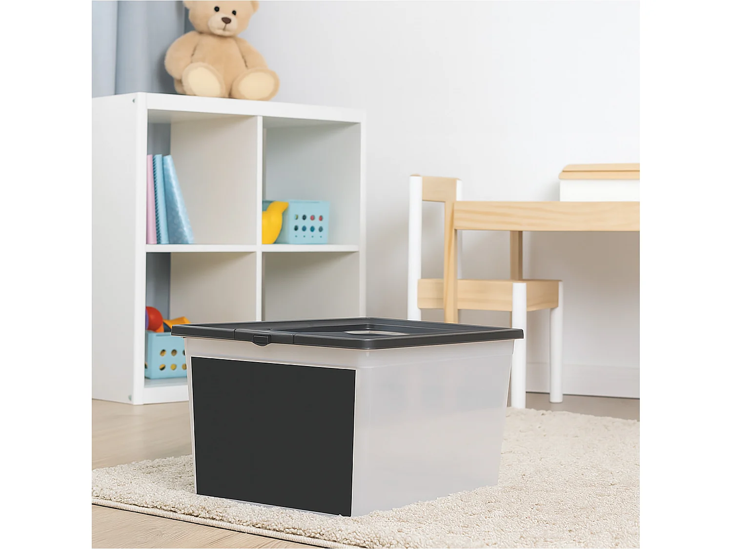Plastic opbergbox met deksel voor speelgoed, krijtbord, kunststof, transparant, 15 L, 38,4x28,3x20 cm