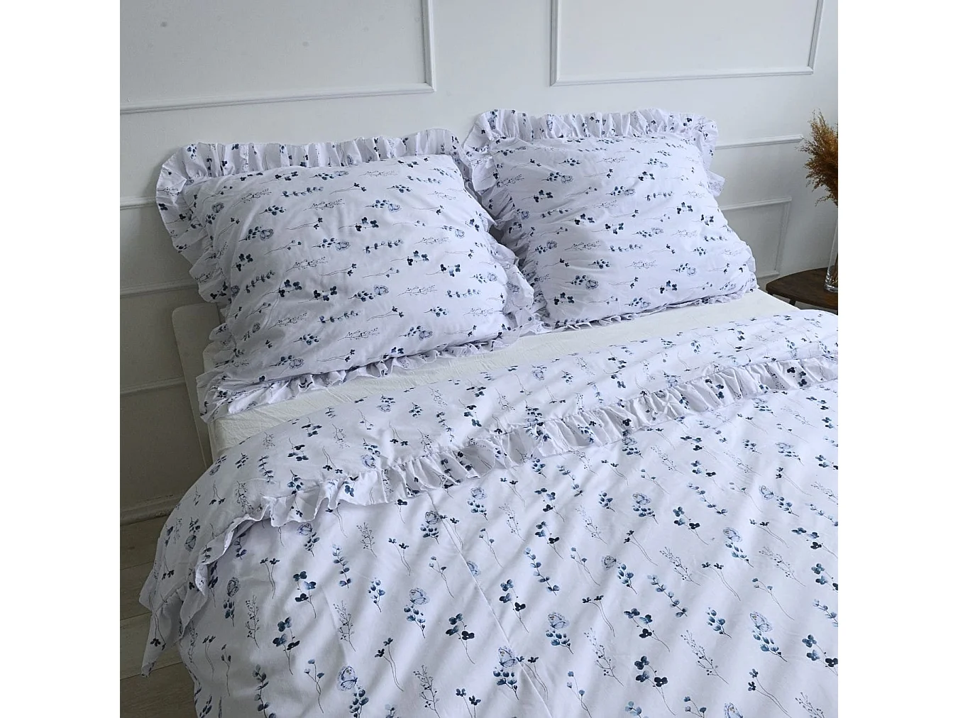 Housse de couette à volant en coton bleu 180x200 cm