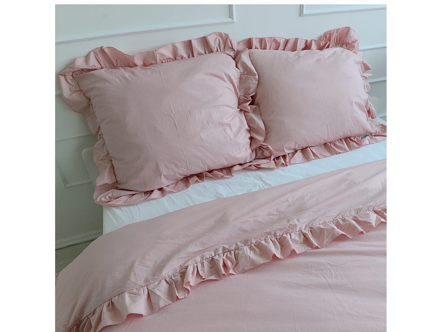 Housse de couette à volant en coton rose poudré 140x200 cm