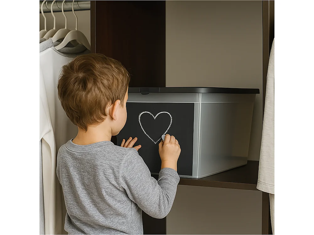 Plastic opbergbox met deksel voor speelgoed, krijtbord, kunststof, transparant, 30 L, 48,5x36x25 cm