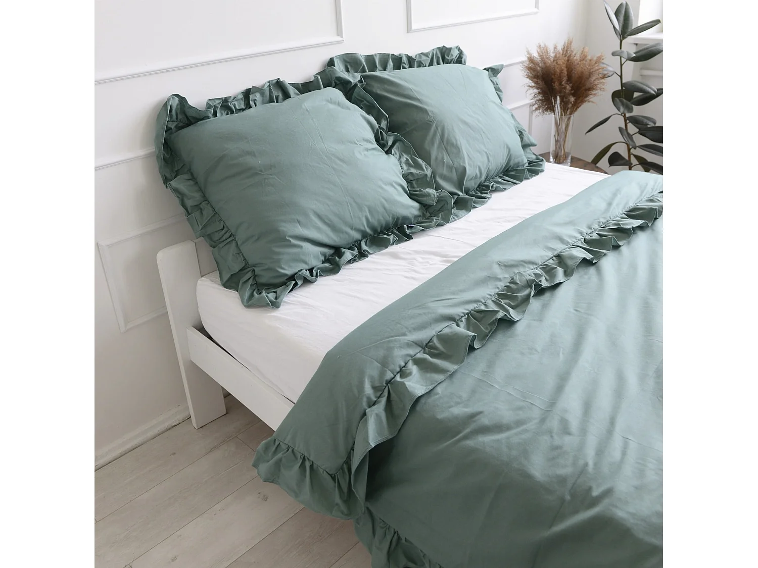 Housse de couette bohème à volant décoratif coton vert 180x200 cm