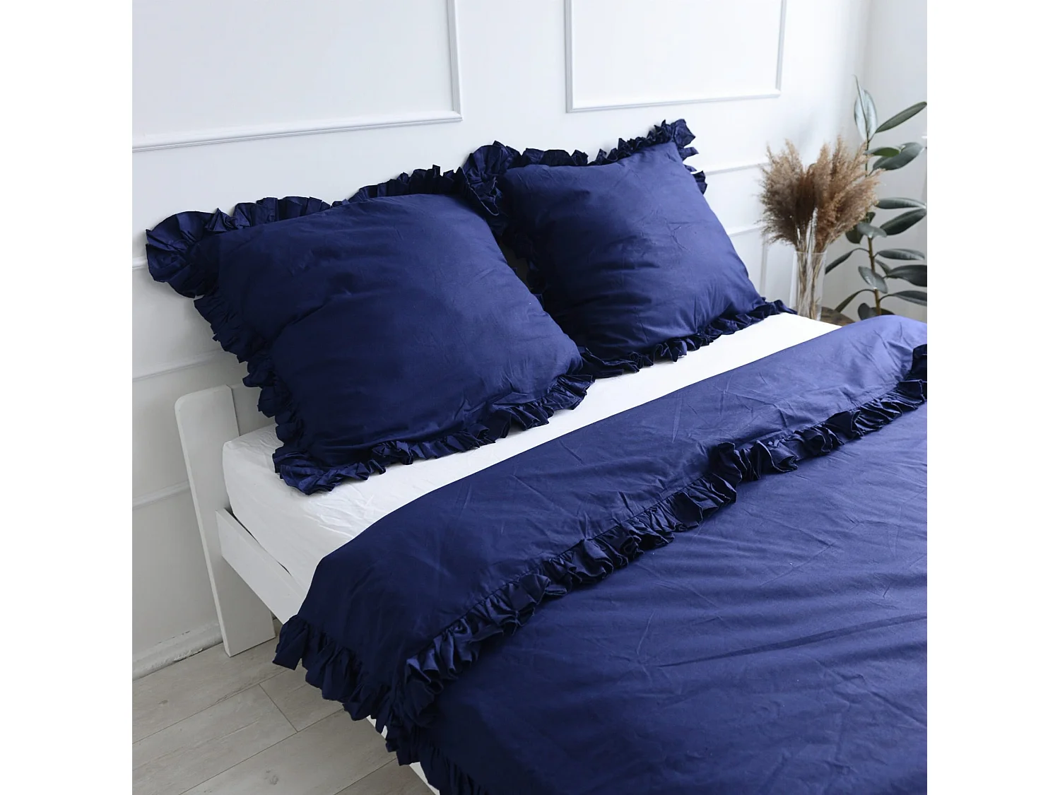 Housse de couette à volant en coton bleu marine 220x200 cm